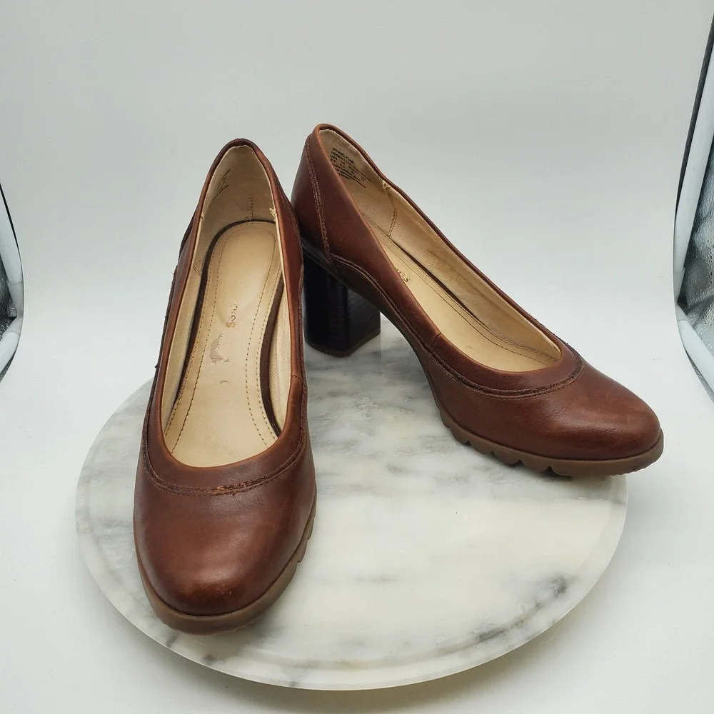 Hush Puppies‎ Spaniel Pump Dachshund Brown Leather Block Heel Comfort Shoes 8.5